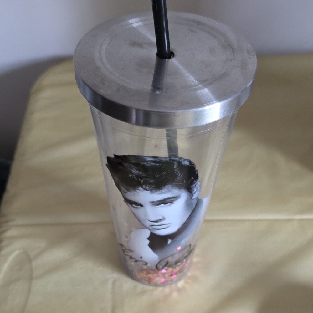 Elivs PRESLEY Clear Tumbler with Black and Silver Lid